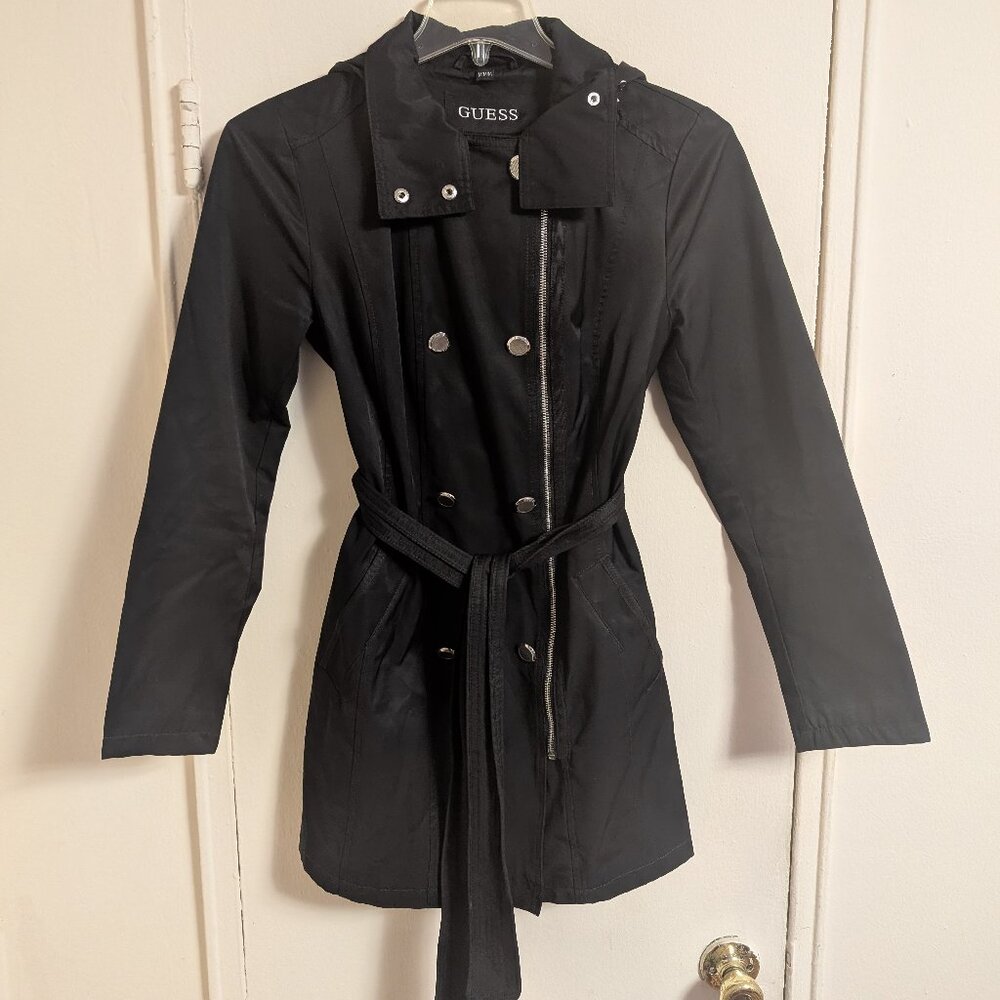 Guess Black Hooded Trench Coat - Medium